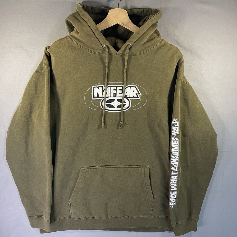 Vintage Y2K 90s No Fear Spell Out Logo Hoodie Faded Sweatshirt Men's Large Olive